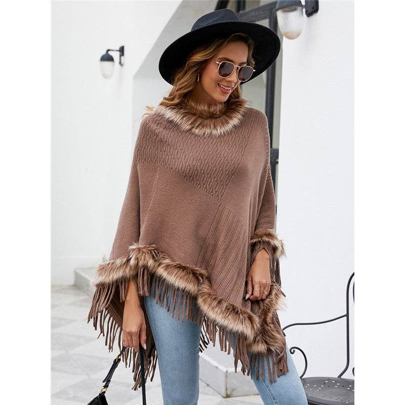 OceanusSwim - Vendita all'ingrosso Poncho - Donna - Mantella con Frange Lavorata a Maglia Donna Colore Solido Poncho Ampio Cappotto7
