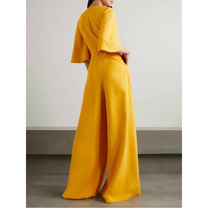 Yellow Stylish Flying Short Sleeves Hollow Plain Wide-Leg Jumpsuits for wholesale on Faire