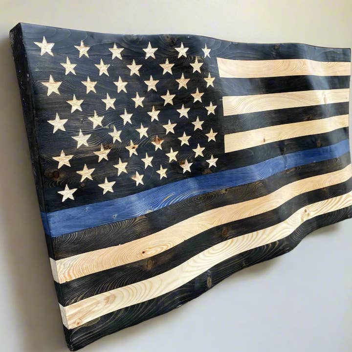 Rugged Cross Creations - Wholesale Wall Sign - Waving Wooden Thin Blue Line Police Flag11