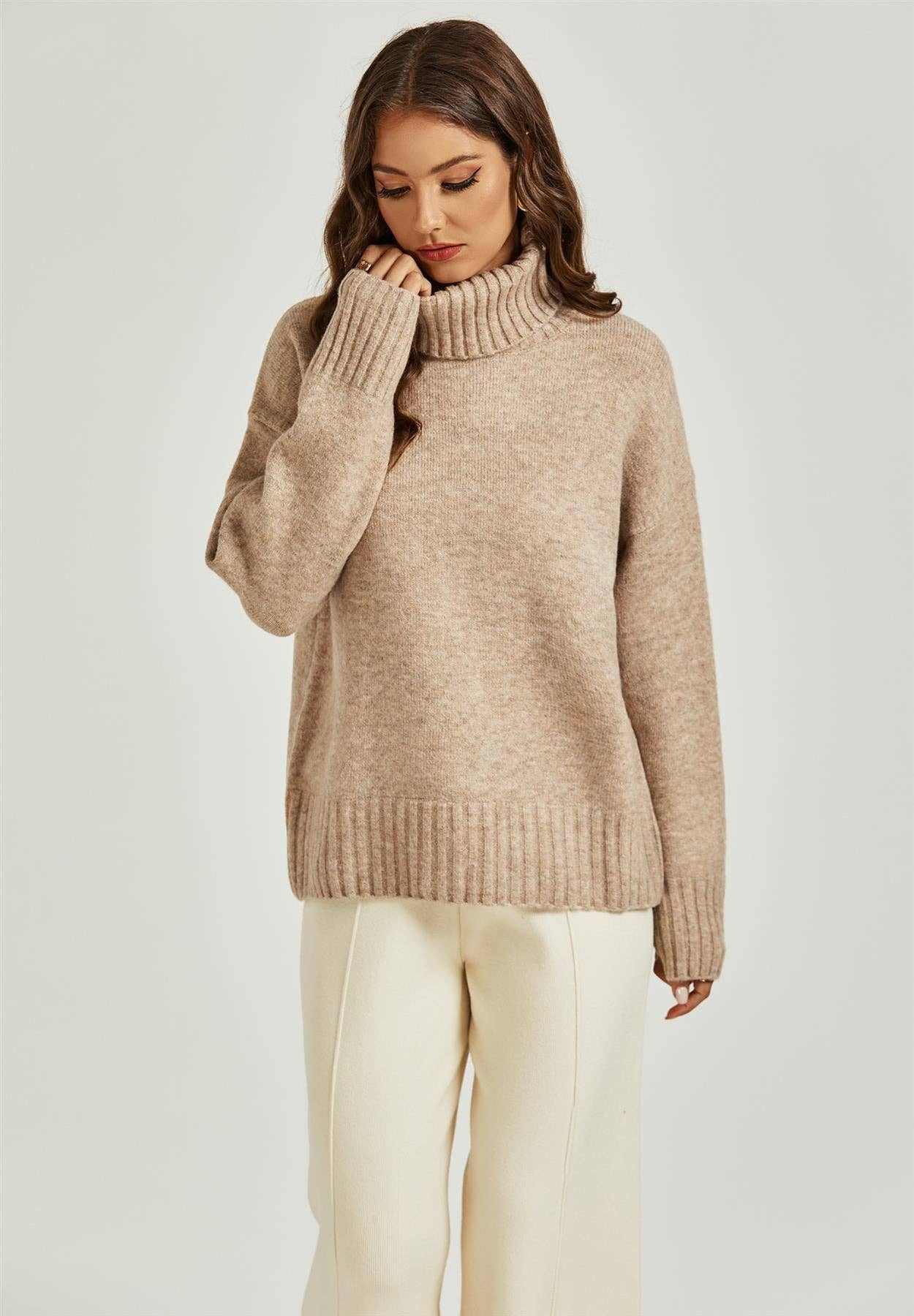 FS Collection - Wholesale Knit Sweater - Women's - Jumper Top With High Neck In Cream2
