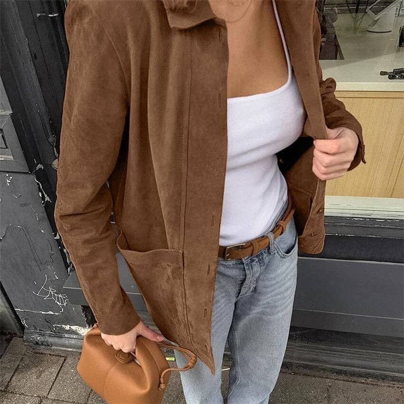 Marrone Giacca di pelle scamosciata marrone con colletto ampio in vendita all'ingrosso su Faire2