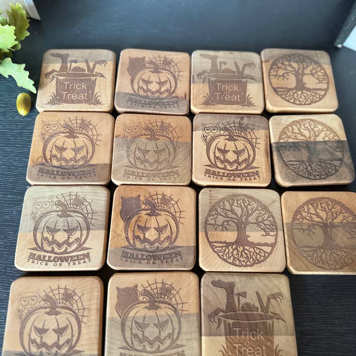 WoodCraftHaven - Venta al por mayor Posavasos - Posavasos de madera para Halloween, 3.2 pulgadas de ancho y 0.3 pulgadas de alto