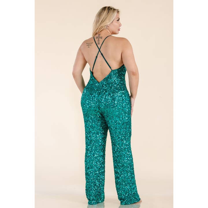 Curve Market - Wholesale Jumpsuit - Women's - PLUS SIZE SEQUIN COWL NECK CRISS CROSS BACK STRAGHT LEG JUMP2