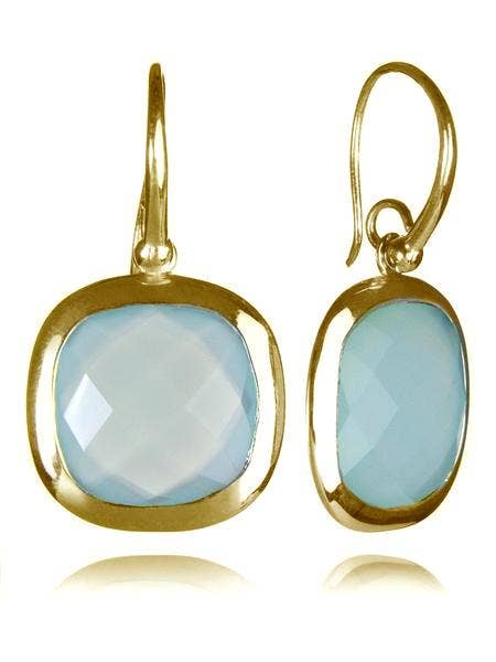 18K vergulde ingelijste ronde vierkante klassieke oorbellen Aqua chalcedoon voor wholesale door Sikara & Co.