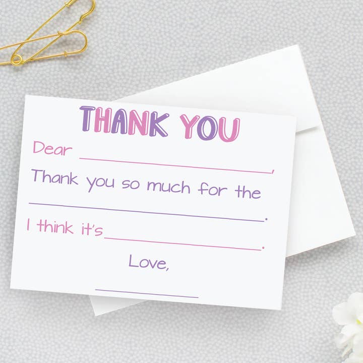 Tarjetas de agradecimiento para niños, rosas y moradas, para rellenar espacios en blanco para venta al por mayor de Designing Moments