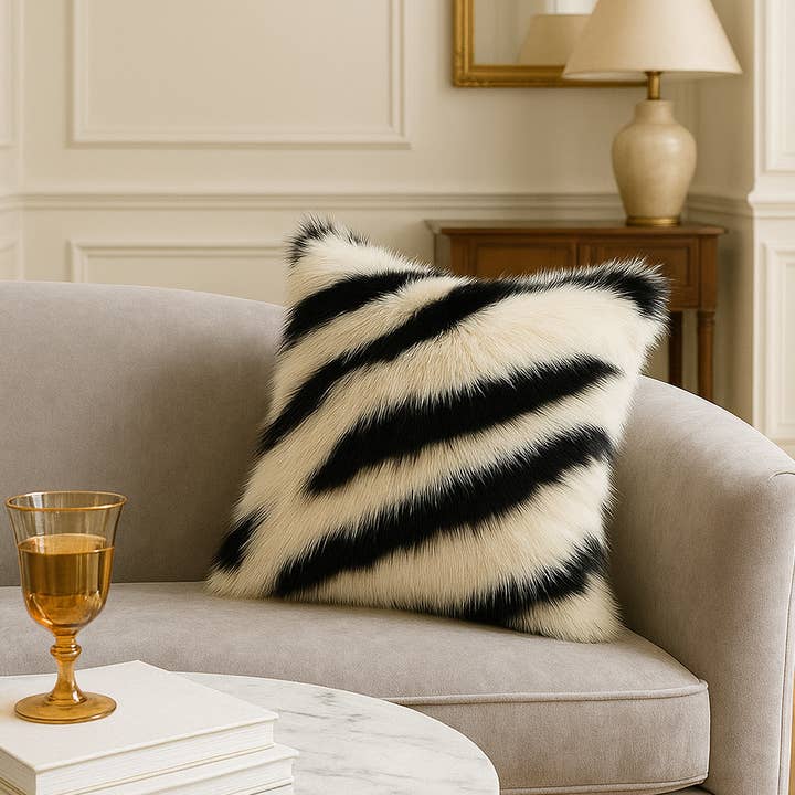 White and Black Zebra Stripe Faux Fur 18" Throw Pillow for wholesale by Fennco Styles