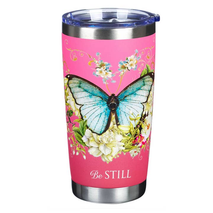 Mug SS Travel Pink Butterfly Be Still pour la vente par Christian Art Gifts