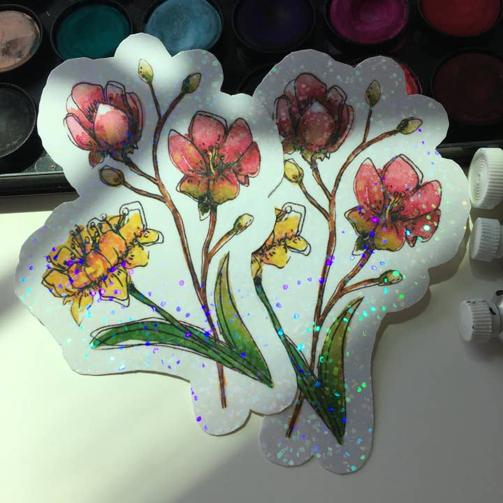 Autocollant imperméable à paillettes holographiques jonquilles et tulipes pour la vente par stickersbyjodi
