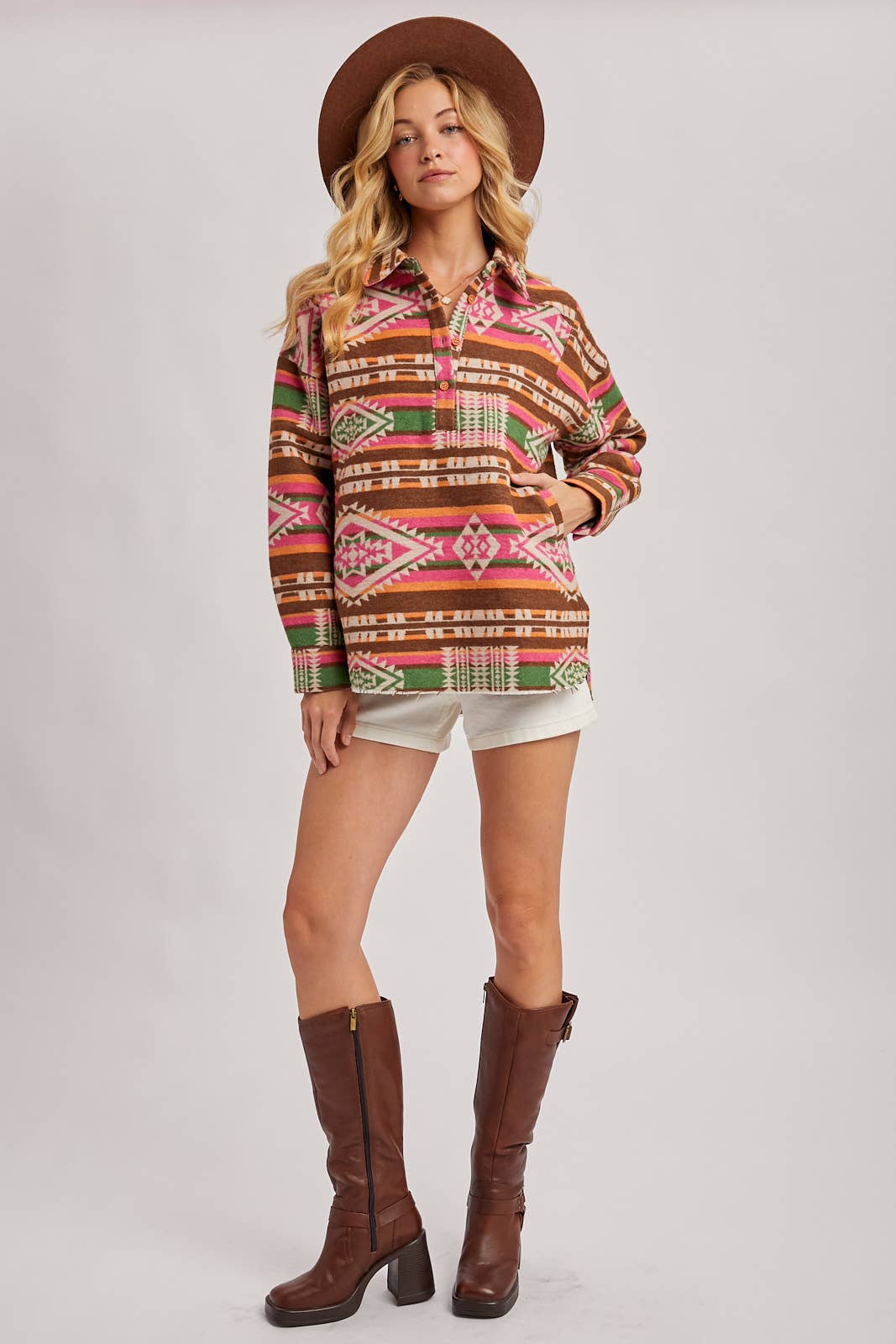 Bluivy - Vendita all'ingrosso Giacca a camicia - Donna - MAGLIONE PULLOVER CON STAMPA GEOMETRICA OCCIDENTALE E MEZZA ABBOTTONATURA15