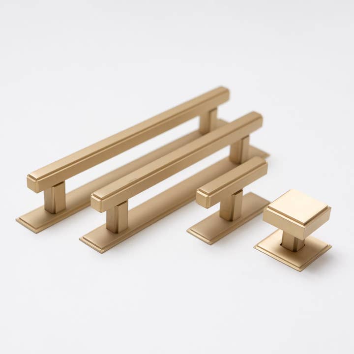 Solid Brass Art Deco Kitchen Pull Handles & Knobs with Backplates - Satin Brass Finish for wholesale by Brass bee