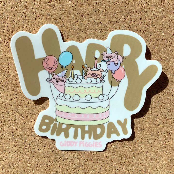 Giddy Piggies Happy Birthday Glossy Sticker for wholesale by Giddy Piggies