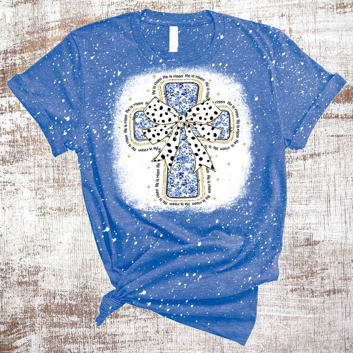 Easter Cross He is Risen Blue Floral Bleached Tee for wholesale by Sweet Tees