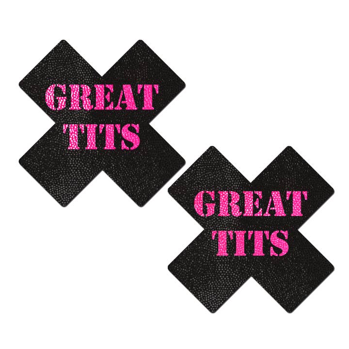 Plus X: Black with Pink 'Great Tits' Cross Nipple Pasties for wholesale by Pastease®
