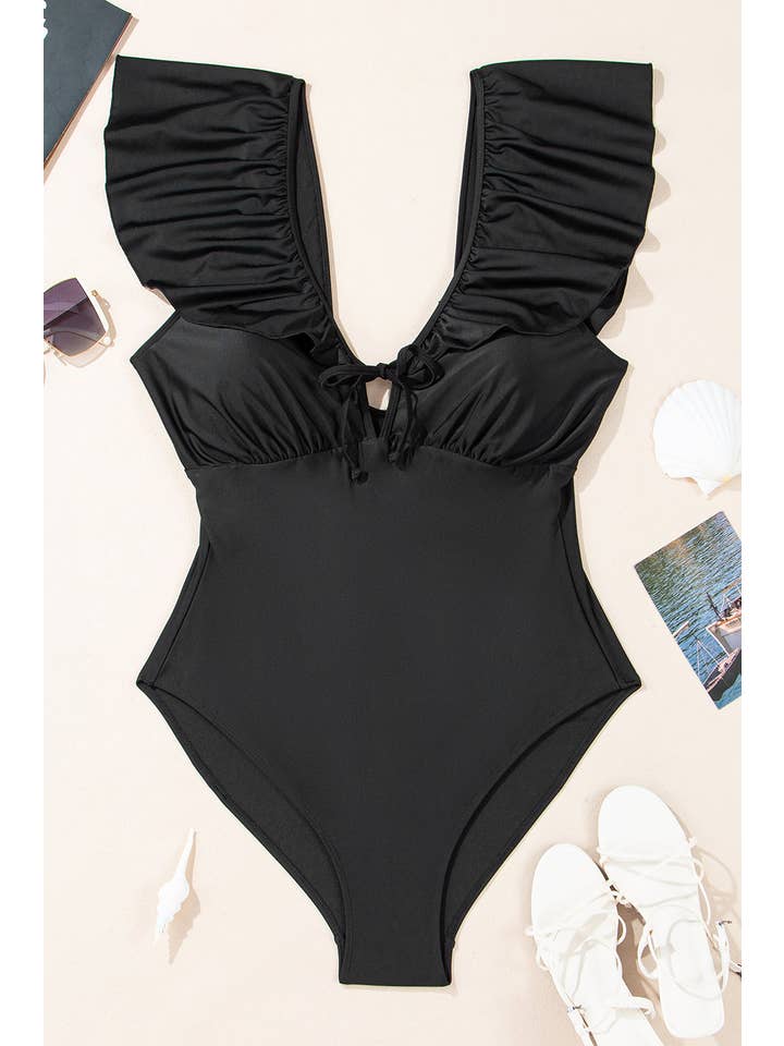 Black Plus Size Ruffle Sleeve One Piece Swimsuit for wholesale on Faire