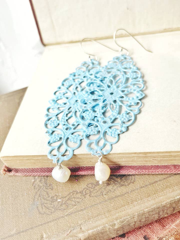 Hand-Painted Blue Filigree Earrings with Freshwater Pearls for wholesale by Rage Gems & Jewelry