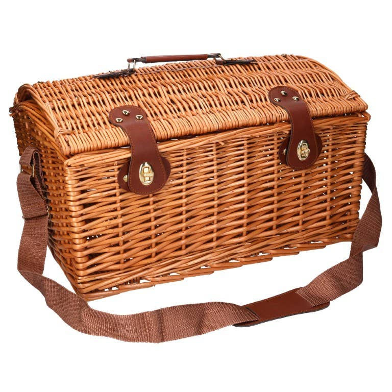 Natural Cesta de picnic bombé rectangular de mimbre con correa para el hombro de venta al por mayor en Faire13