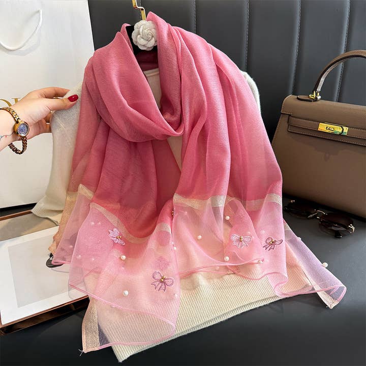 PEACH ACCESSORIES - Wholesale Scarf - Women's - Silk Scarf with Embroidered Bows & Pearls SK26