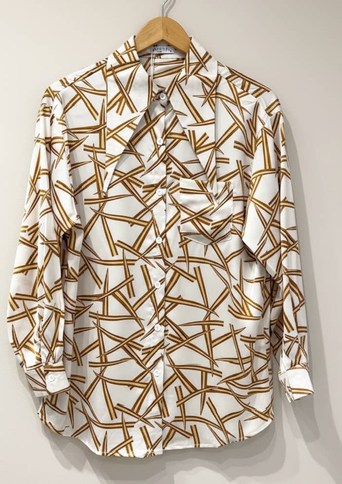 Beige Vintage retro graphic satin shirt - M26-1 for wholesale on Faire1