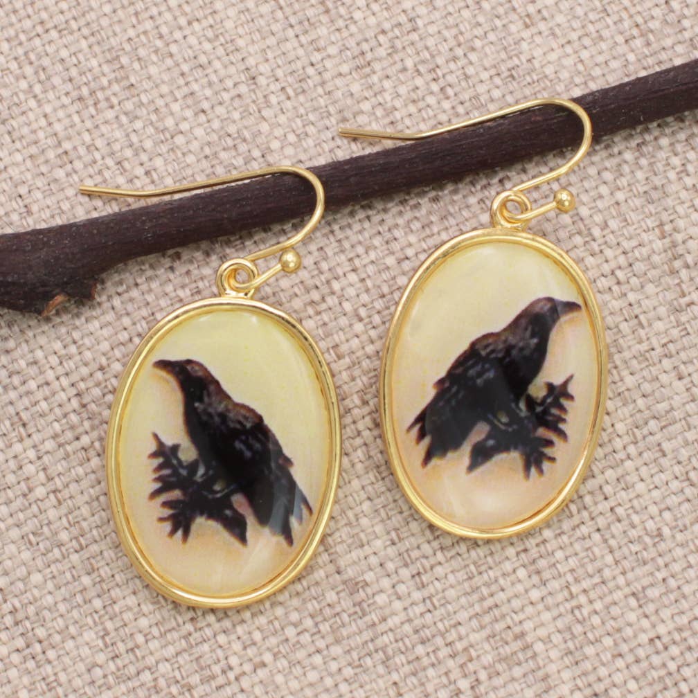 ZAD - Wholesale Dangle Earrings - Vintage Raven Print Gold Earrings4
