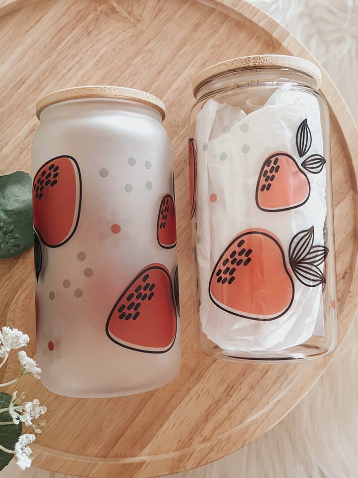 Strawberries 16oz Glass Cup with Bamboo Lid for wholesale by Emma K Designs
