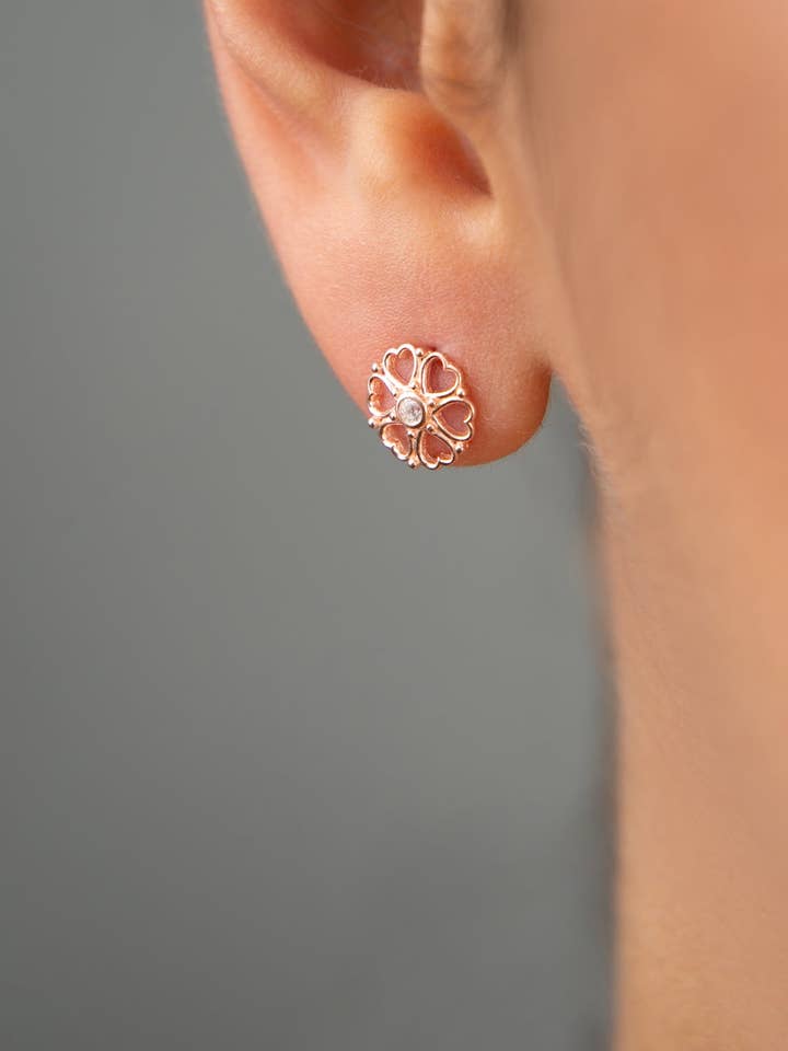 Wholesale Women's Stone Detailed Flower Model Rose Plated 925 Sterling Silver Earrings for wholesale by Volenia Silver