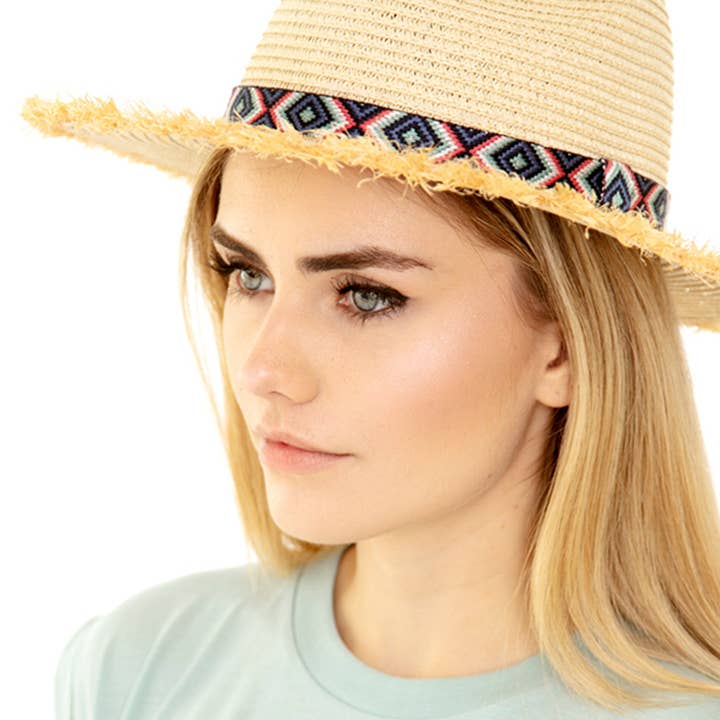 FRAYED TRIM AZTEC STRAW HAT, MH 0038 for wholesale by JOIA ACCESSORIES