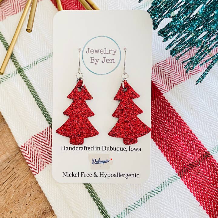 Christmas Tree Earrings: Red Fine Glitter for wholesale by Jewelry By Jen