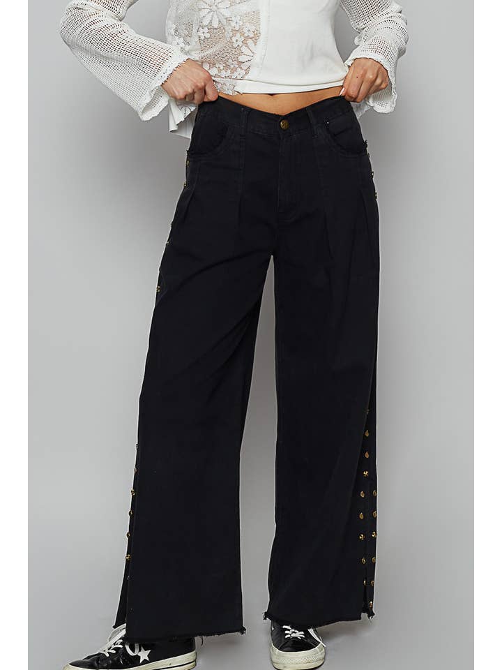 Pol Clothing - Wholesale Jeans - Women's - Solid stud detail twill wide woven pants0