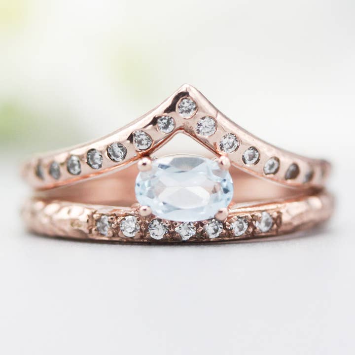 Set of 2 Oval Blue Topaz & Diamond Rings in 14k Rose Gold #2 for wholesale by Metal Studio Jewelry