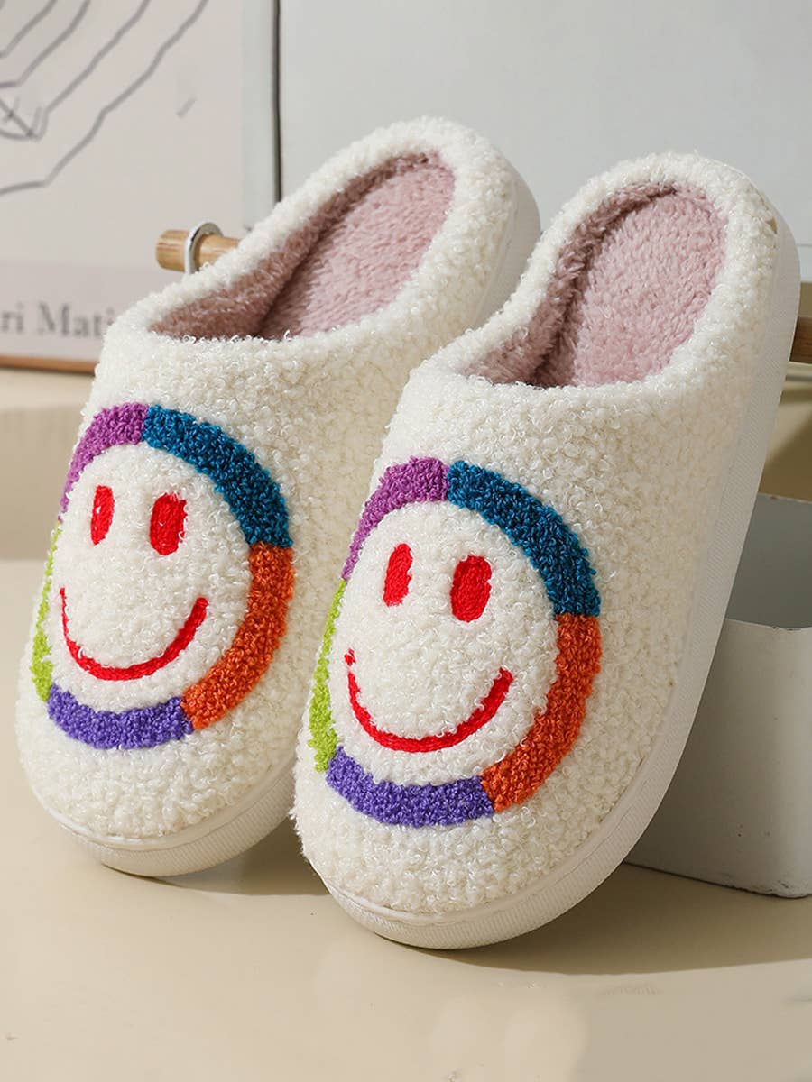 White Colorful Smiley Face Winter Cotton House Slippers for wholesale on Faire0