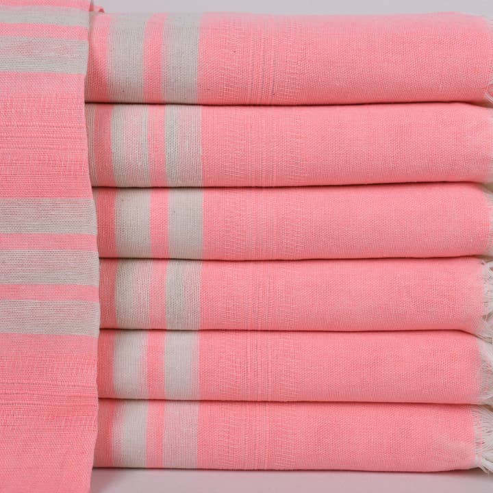 Organic Turkish Towels - Wholesale Beach Towel - Beach Towel, Bright Pink Striped Towel