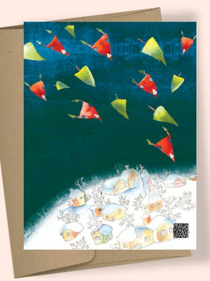 SANTAFLY VILLAGE WATERCOLOR GREETING CARD for wholesale by Studio Masha D'yans
