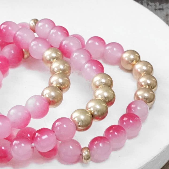 PennyLine inc - Wholesale Beaded Bracelet - Worn gold tone and glass beads bracelets stack Hot Pink Blue Green