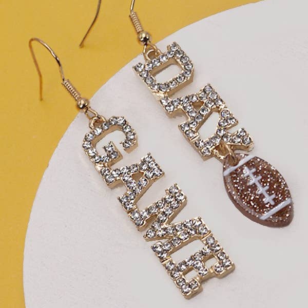 Gold GAME DAY FOOT BALL RHINESTONE DROP EARRINGS | 80E2544 for wholesale on Faire