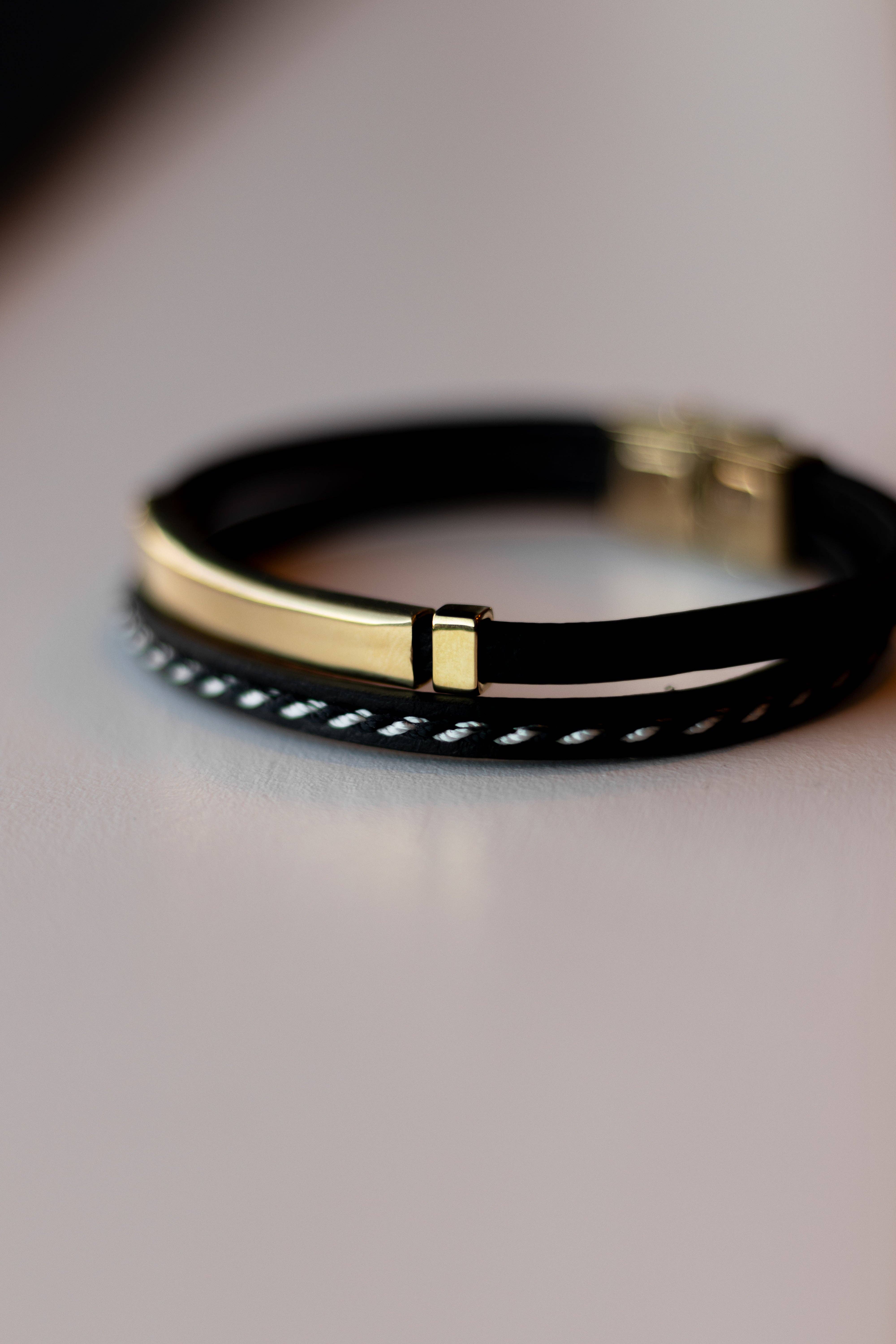 Sedy Jewelry - Wholesale Jewelry - Men's - Men’s Black Leather Bracelet with Gold-Tone Stainless Steel 4