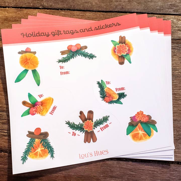 Christmas Gift Tag Label Sticker Sheet for wholesale by Lou's Hues