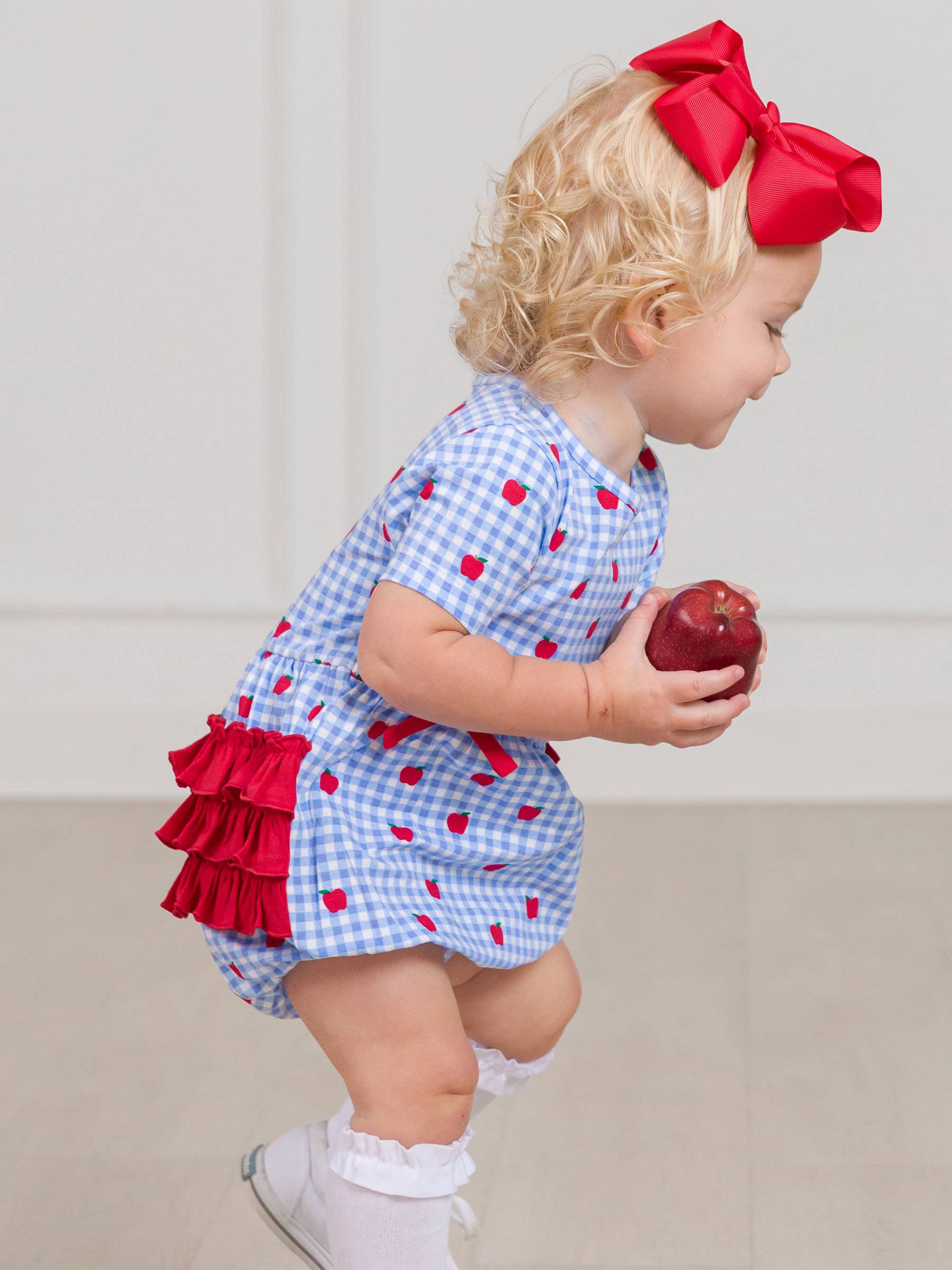 Blue Baby Girls Apple Orchard Gingham Knit Short Sleeve Bow Bubble Romper for wholesale on Faire3