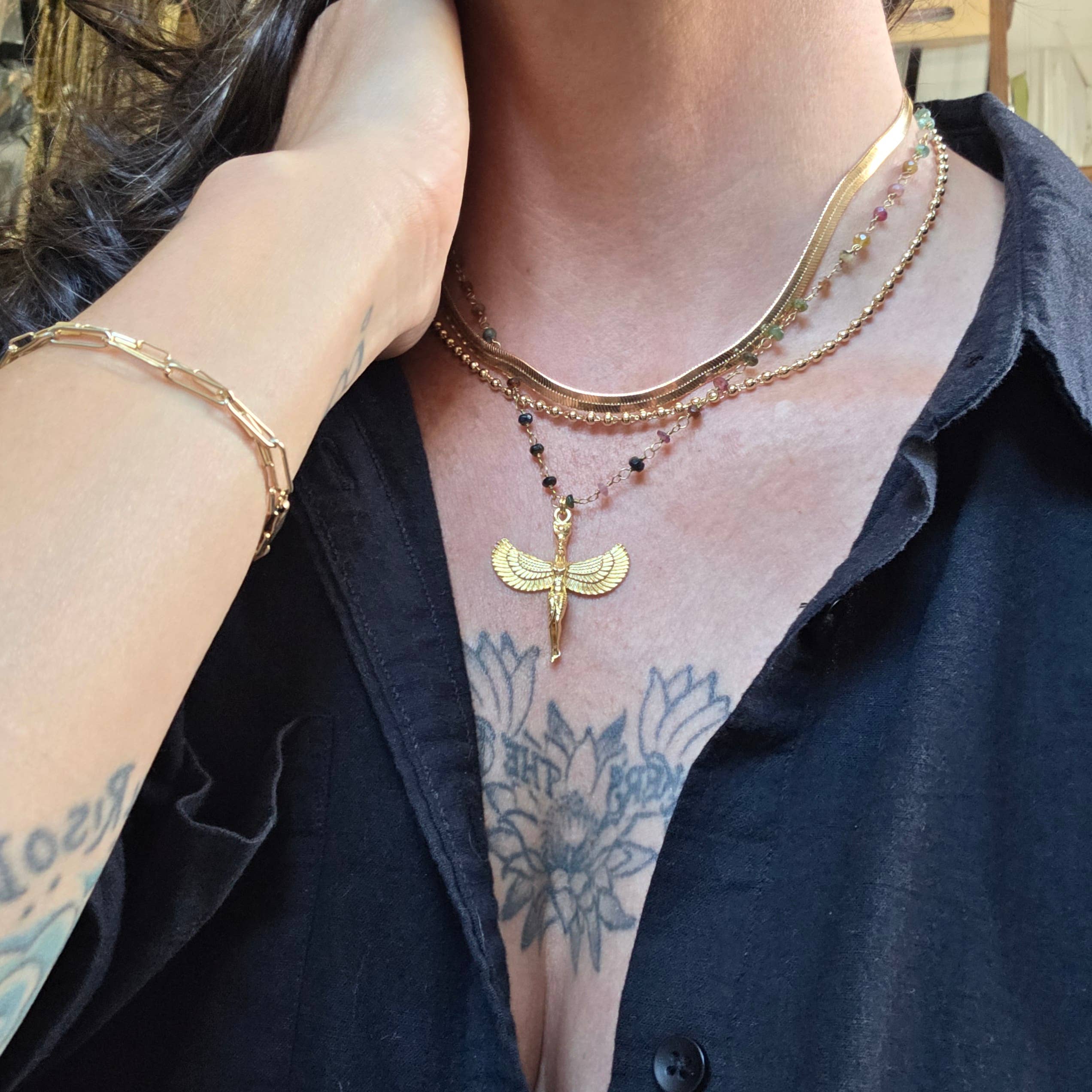 Dreamers of Dreams – wholesale Pendant/charm necklace – Winged Egyptian Goddess Isis: Tourmaline + Turquoise4