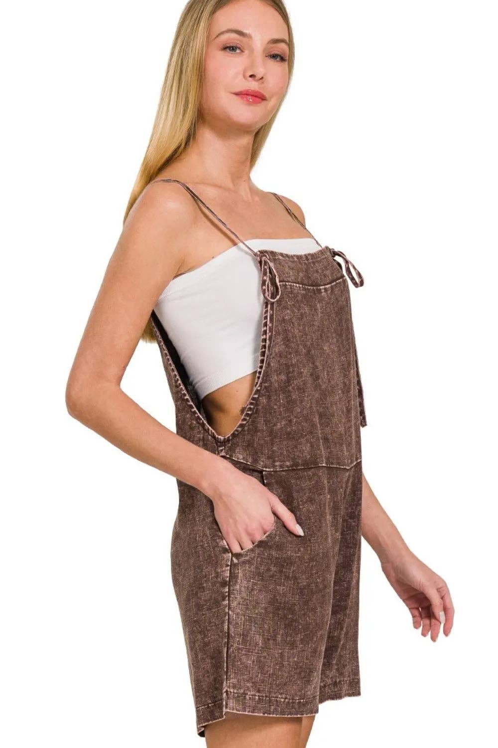 BROWN Zenana Washed Linen Knot Strap Rompers for wholesale on Faire1