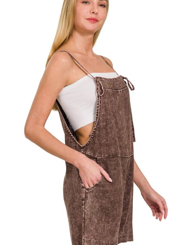 BROWN Zenana Washed Linen Knot Strap Rompers for wholesale on Faire1