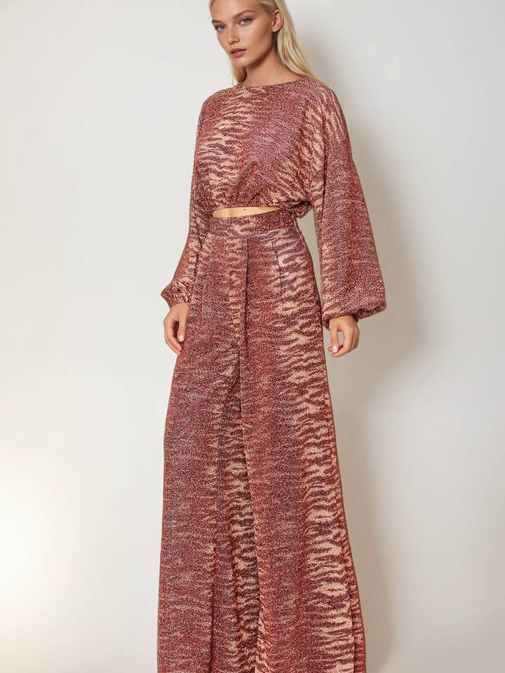 METALLIC PRINTED PALAZZO PANTS 2370 for wholesale by WISTERIA LANE