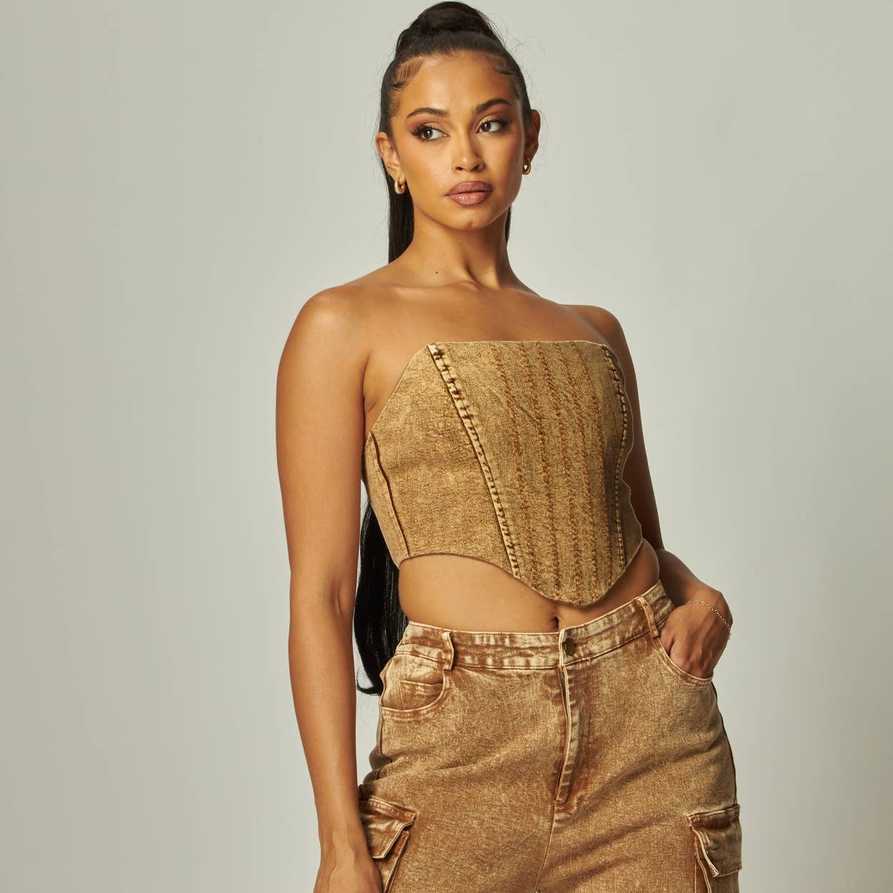 Miss 8 - Wholesale Top & Pant Set (NOT Loungewear) - Women's - Denim Cargo Strapless Top and Wide-Leg Pants Set4