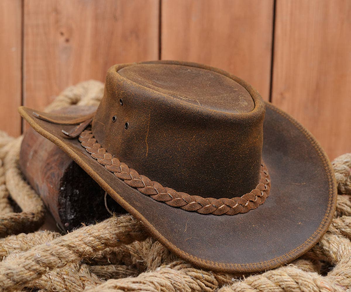 Tackfield - Vendita all'ingrosso Cappello da cowboy - Unisex - Cappello da boscaiolo in pelle marrone stile western Tackfield1