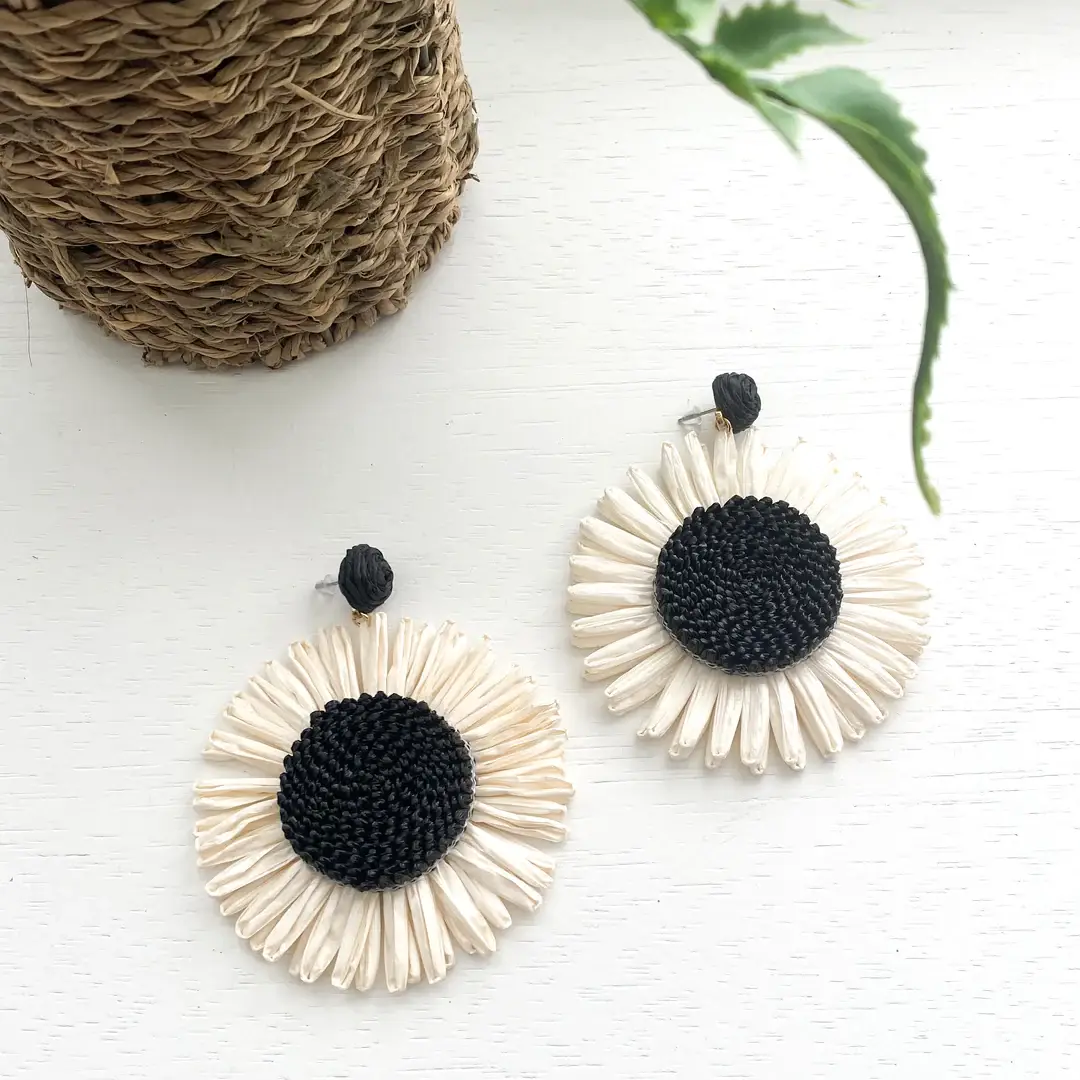 Nicholls Jewellery - Wholesale Dangle Earrings - Boho Woven Black and White Sunflower Earrings4