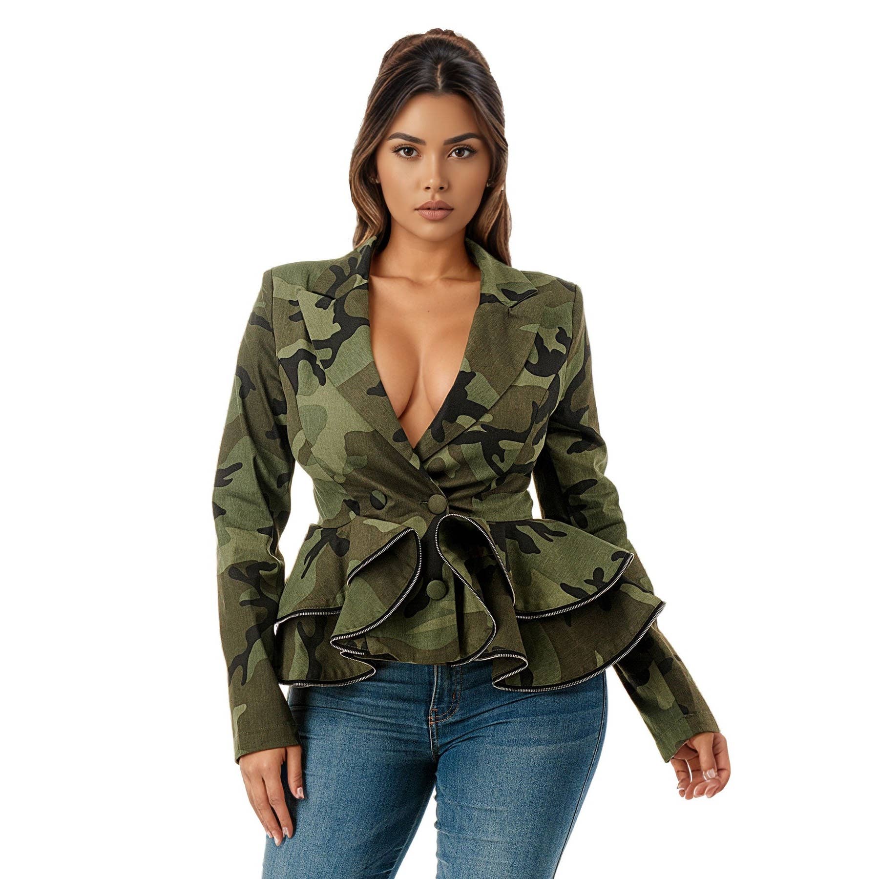 CAMO Plus Size Long Sleeve Deep V-Neck Ruffle Zipper Hem Peplum B for wholesale on Faire3