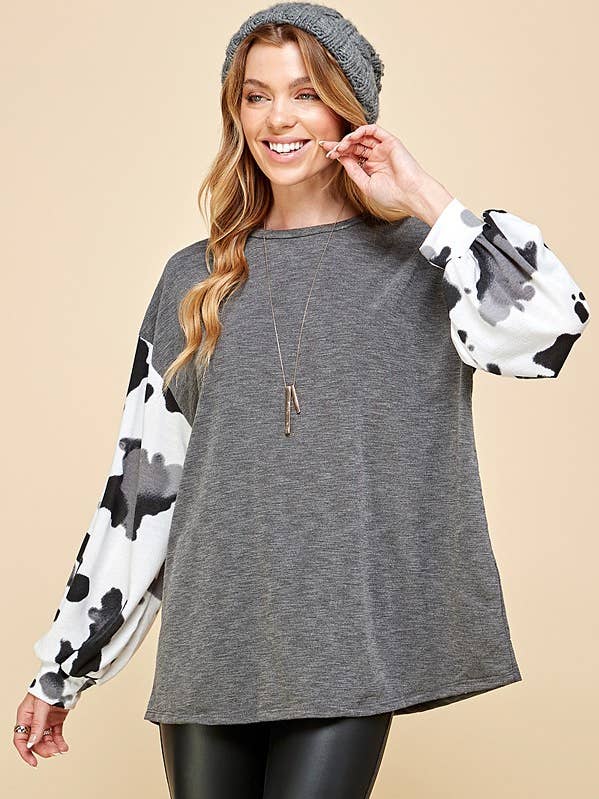 SPT5173 - MAGLIA A MANICHE LUNGHE DA DONNA CON STAMPA MUCCA E BLOCCHI DI COLORE per la vendita all'ingrosso da parte di Shopin LA