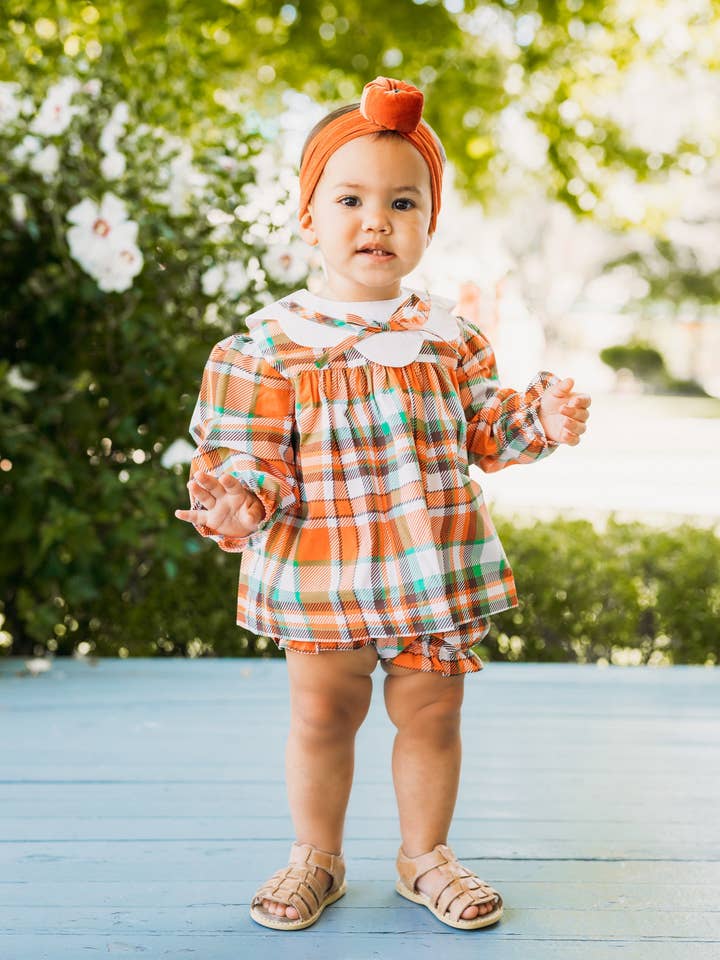 Posh Pickle - Wholesale Dress Set - Baby - Autumn Plaid Scalloped Bishop Collar Dress & Bloomer Set
