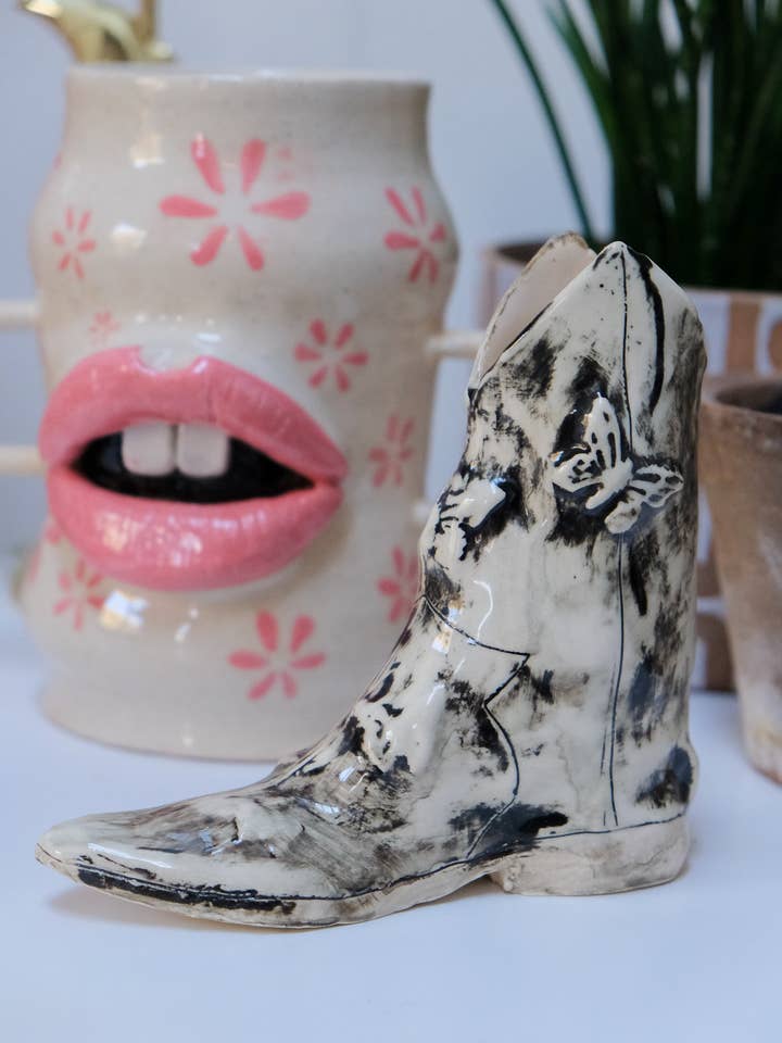 Black & White Butterfly Ceramic Cowboy Boot Vase for wholesale by MercuryX Shop
