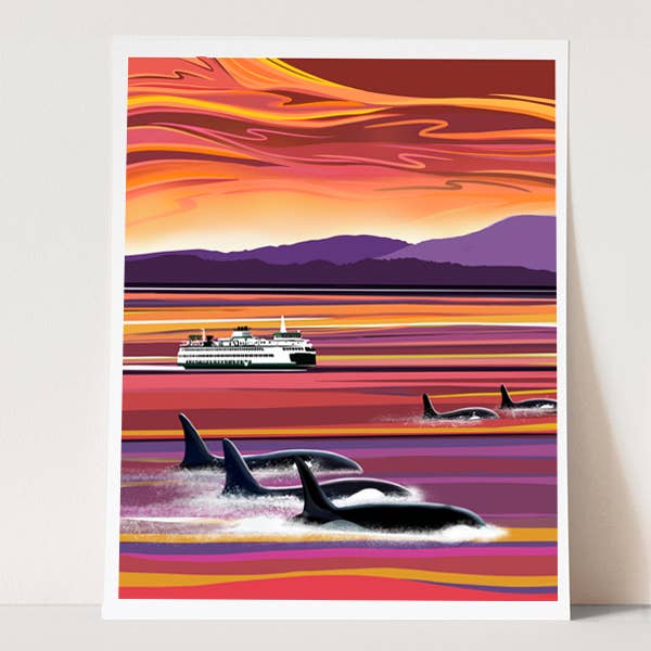 Orques et Ferry - Impression d'art Coucher de soleil rouge-jaune pour la vente par Linda Sholberg Art