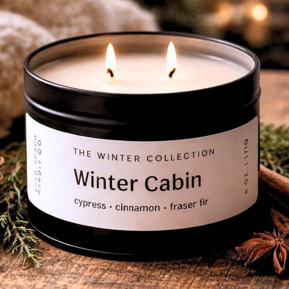 Winter Cabin- Cypress + Fraser Fir + Cinnamon - 6 oz. Tin for wholesale by Bold Space Candle Co.